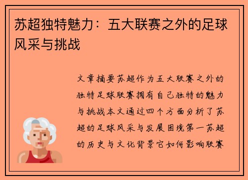 苏超独特魅力:五大联赛之外的足球风采与挑战